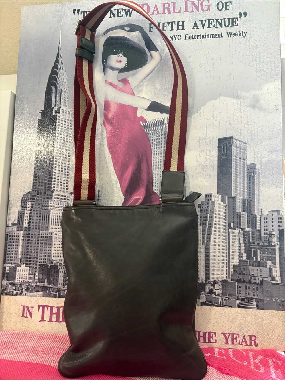Bally Brown Leather Crossbody with Red and Cream Striped Strap - Picture 3 of 10